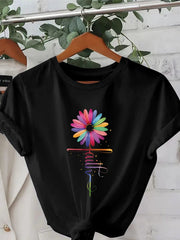 Women’s Rainbow Daisy Faith Cross Floral Graphic T-Shirt Christian Inspirational Faith Short Sleeve Tee