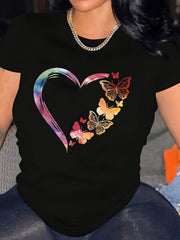 Women’s Rainbow Gradient Heart Colorful Butterfly Graphic Crew Neck Short Sleeve Casual T-Shirt