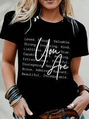 Women's Short Sleeve T-Shirt with "You Are Loved & Valued" Quote - Round Neck Casual Blouse Top, Suitable for Daily Wear, Confidence-Boosting Motivational Clothing
