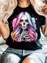 Women's Sugar Skull Graphic T‑Shirt, Rainbow Hair Silent Skeleton Print, Round Neck Short Sleeve Casual Top, Halloween T shirts