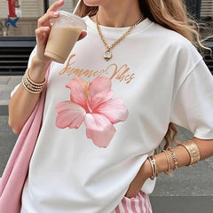 Women's Summer Vibes Pink Hibiscus Flower Graphic Crew Neck Short Sleeve Casual Vacation T-Shirt