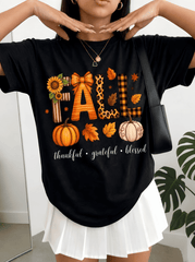 Women's T-Shirt Fall Pumpkin Leopard Plaid Print Thankful Grateful Blessed