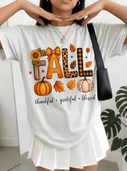 Women's T-Shirt Fall Pumpkin Leopard Plaid Print Thankful Grateful Blessed