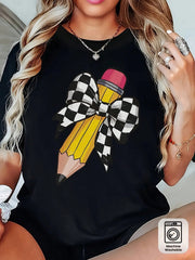 Women's Teacher T-Shirt - Soft Breathable Black Crew Neck Top With Yellow Pencil Print & Checkered Bow Tie Design - Casual Short Sleeve Shirt For Teachers, Moms - Back To Outfit