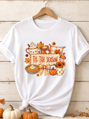 Women's Tis The Season T-Shirt Fall Pumpkin Pie Sunflower Maple Leaf Plaid Bow Graphic Tee Short Sleeve Crewneck Top
