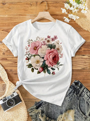 Women's Vintage Floral Bouquet T-Shirt Pink Rose Wildflower Graphic Casual Summer Tee