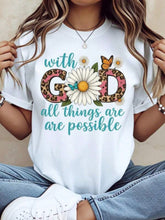 Women's White 100% Cotton Graphic T-Shirt, Floral Leopard Print "With God All Things Are Possible" Christian Inspirational Casual Summer Tee