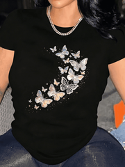 Women's casual short-sleeved T-shirt with butterfly print.