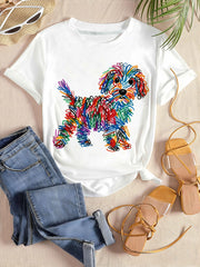 Womens Graphic Tee Rainbow Line Puppy Print Casual Design T Shirt Streetwear Style Crewneck Short Sleeve Soft