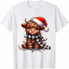 Christmas Bull Cow T-Shirt Women's Festive Santa Hat Plaid Scarf Holiday Graphic Tee Cute Animal Christmas Shirt For Women And Men