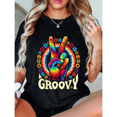 Men's Black Hippie Graphic TShirt Peace Sign Groovy Floral Print Retro 60s Style, Regular Fit Casual Party Shirt, Machine Washable, Festive Clothing, Round Neckline Top