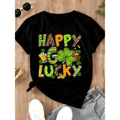 Happy Go Lucky St Patrick's Day Shirt Women's Festive T-Shirt With Clover Beer And Gold Design For Saint Patrick's Day Celebration