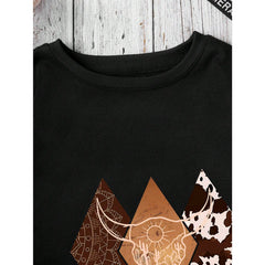 Women's Cow Head Printed Round Neck Sweatshirt Pullover Fall Outfit