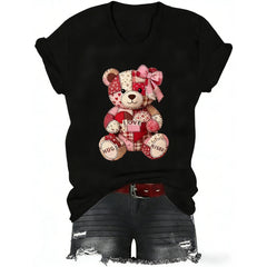 Cute Teddy Bear Shirt, Valentines Day Teddy Bear T-Shirt, Patchwork Love Crew-Neck Tshirt
