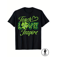 Women's St Day Teacher T-Shirt - Teach Love Inspire Shamrock Retro Short Sleeve Round Neck Top, Comfortable Casual Shirt Suitable for Casual Wear & Events, Machine Washable Polyester (S-XXXXXL)