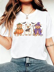 Women's Halloween Teddy Bear Pumpkin Ghost Witch Graphic T-Shirt