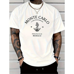 Men'S Casual T-Shirt with Monte Carlo and Montenegro Anchor Print | Breathable Streetwear Top for All Seasons, Machine Washable, Birthday and Holiday Gift, for all-season Apparel, Durable Casualwear, Crew Neck, Regular Fit, Short Sleeves