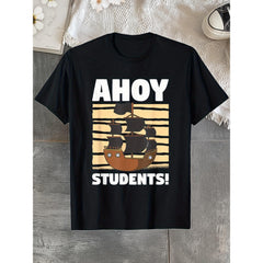 Men's Retro Ahoy Pirate Short-Sleeve Tops - 100% Cotton Round Neck Loose Fit Tshirt with Fun "Ahoy Students" Graphic, S-5XL, Ideal for Casual Attire, Shortsleeve