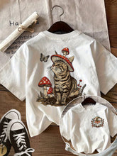Summer Retro Style Double-Sided Printed Short Sleeve Round Neck T-Shirt, Patterns Include Frogs, Flowers, and Mushrooms