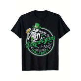 Saint Patrick's Day Men T-Shirt Prone To Shenanigans Malarkey Graphic Print Cotton Relaxed Fit Casual Tee With Shamrock Skeleton Design Black With GreenWhite Accents Holiday Clothing Usage Scenario Ph Cotton Tshirt