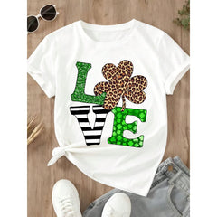 Love St Patrick Day Shirt With Leopard Clover Design Black T-Shirt For Women Casual Festive Wear Irish Celebration Outfit Green Glitter Print Cute Fashion Top Lucky Charm Pattern Streetwear Style Comfortable Soft Cotton Material Perfect
