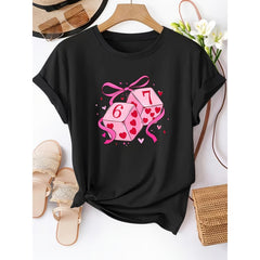 Valentine's Day Heart Dice Bow Print Short Sleeve T-Shirt, Casual Round Neck Versatile Top, Comfortable Wear for Spring Summer Autumn, Gift for Her, Lightweight Material