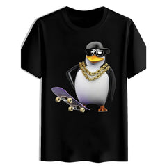 Men's Penguin Graphic T-Shirt - Stylish Black Tee featuring a Cool Penguin Character with Cap, Sunglasses, and Gold Chains, Perfect for Casual Wear and Street Style