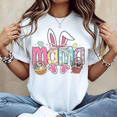 Easter Bunny Mama T-Shirt White Easter Bunny Ears Basket And Paw Prints Mom Design For Spring Celebration