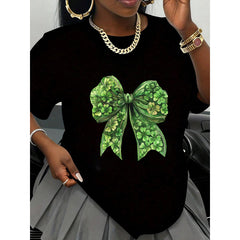 St Patrick's Day Clover Bow Print Black T-Shirt Women Casual Fashion Top Holiday Shirt Lucky Shamrock Design Gift For St Patrick's Day Celebration