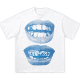 Double Blue Lips Grillz Boxy Tee Y2K Streetwear Fashion Aesthetic Urban Trendy
