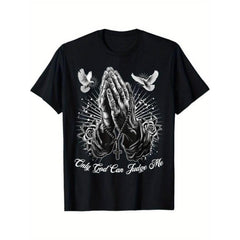 Men's Casual Cotton Short-Sleeve Round Neck T-Shirt - Streetwear Top, All-Season Wear, Featuring "Only God Can Judge Me" Slogan, Prayer Hands, Chicano Tattoo, Doves Design