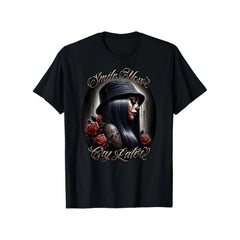 Mens Cotton TShirt Featuring Smile Now Cry Later Chicana Payasa Tattoo Chicano Artwork