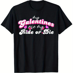 1pc Women'S "My Galentines Are My Ride or Die" 2024 Gang T-Shirt - 100% Cotton Black Short Sleeve Tee with Pink & Purple Heart Print, Casual Round Neck Top for Valentine'S Day, Anniversaries, Casual Attir