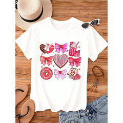Valentine's Day Sweet Heart T-Shirt With Candy Bow Donut And Calendar Design For Women
