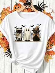 Halloween Cat Mummy Ghost Witch Graphic T-Shirt, Women's Spooky Three Cats with Bats Spider Web Short Sleeve Tee