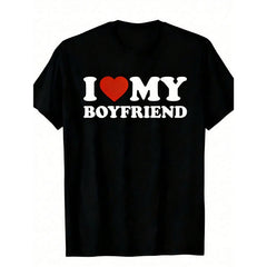 "I Love My Boyfriend" Men's T-Shirt - Valentine's Day Gift, 100% Cotton, Casual Crew Neck Short Sleeve T-Shirt, Black Background With White Text And Red Heart Design, Sizes S-5XL, Valentine's Day T-Shirt