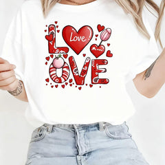 Women's Valentine's Day LOVE Print T-Shirt - Short Sleeve Round Neck Casual Blouse with -Line Fit, Machine Washable Spring Summer Casual Attire & Date Night Outfits - Sweet & Cool Style for Romantic Occasions (Suitable for)