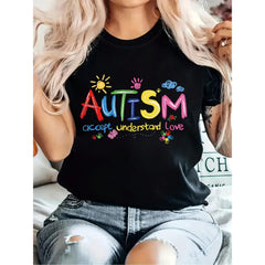 Women's Autism Awareness Graphic T-Shirt | Polyester Fabric | Casual Crew Neck Short Sleeve Tee | Autism Awareness Clothing | Spring & Summer