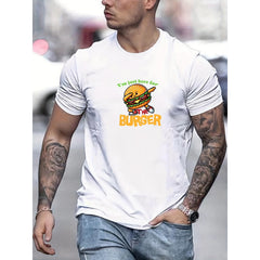 "I'm Just Here for the Burger" Graphic Casual T-Shirt - Summer Short Sleeve Round Neck Tee with Hamburger Design, Fun Meal Attire