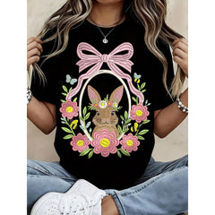 Women Easter Bunny Floral Embroidery Pink Bow Design Pure Cotton Casual Round Neck T Shirt Soft Comfortable Spring Summer Wear