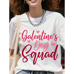 Galentine's Day Squad Big Size White T-Shirt For Women Plus Size Valentine's Day Gift Top Female Crewneck Casual Shirt With Hearts Design
