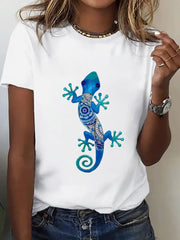 Women's Stylish Gecko-Print T-shirt, Casual Crew-Neck Tee.