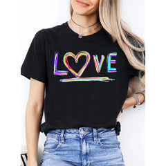 Women’s White Crew Neck Short Sleeve T-Shirt, Colorful Hand Drawn Rainbow LOVE Heart Graphic Tee, Romantic Valentine’s Day All Season Casual Fashion Top