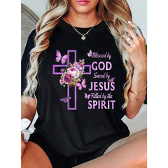 100% Cotton Casual Tshirt By God Saved By Jesus Purple Floral Cross Christian T-Shirt