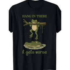 Funny Frog & Crocodile Meme T-Shirt | Sarcastic Animal Pun Tee - Black with Green Text - Regular Fit Adult Casual Attire - Machine Washable Top, Crew Neck, Vintage Style, All-season, 220G Fabric