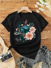 Women's Floral Sea Turtle Graphic T-Shirt Watercolor Ocean Wildflower Turtle Casual Summer Tee