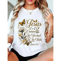 Spanish Christian Faith T-Shirt, Jesús Es El Camino La Verdad Y La Vida Juan 14:6 Graphic Tee, Vintage Floral Butterfly Religious Top