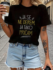 Women's Croatian Phrase T-Shirt "I Am Not Angry I Just Talk Like This" - Croatian Lettering Print Short Sleeve Crew Neck Top, Spring Summer Casual Blouse for Croatian Language Learners