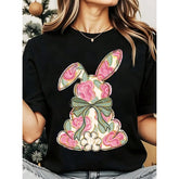 Floral Bunny Design Women's T-Shirt With Colorful Pattern And Green Bow Decorative Print Casual Top For Spring And Easter Celebration