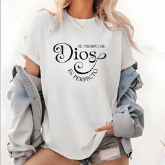 Women's Soft Short Sleeve T-Shirt - "El Tiempo De Dios Es Perfecto" Print, Black, Comfortable & Stylish Pullover for Spring/Summer